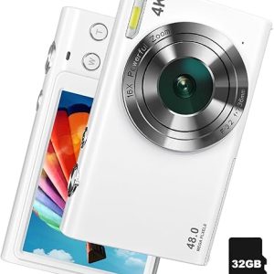 Digital Camera, 4K Autofocus Vlogging Camera with Flash, 48MP Point and Shoot Digital Camera with 16X Zoom, Anti-Shake, 32GB Card, Portable Compact Camera for Teens Adult Beginner(White)