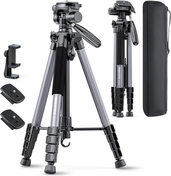 74"-Camera-Tripod, Gray Porfessional Aluminum Tripod Stand for Mirrorless Camera/DSLR/Cell Phone/Camcorder/GoPro, with Phone Holder and Travel Bag (Gunmetal Gray)