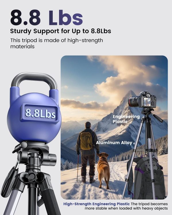 74"-Camera-Tripod, Gray Porfessional Aluminum Tripod Stand for Mirrorless Camera/DSLR/Cell Phone/Camcorder/GoPro, with Phone Holder and Travel Bag (Gunmetal Gray) - Image 2