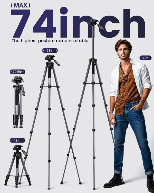 74"-Camera-Tripod, Gray Porfessional Aluminum Tripod Stand for Mirrorless Camera/DSLR/Cell Phone/Camcorder/GoPro, with Phone Holder and Travel Bag (Gunmetal Gray) - Image 4