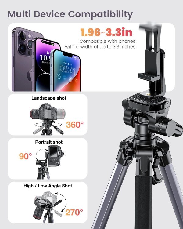 74"-Camera-Tripod, Gray Porfessional Aluminum Tripod Stand for Mirrorless Camera/DSLR/Cell Phone/Camcorder/GoPro, with Phone Holder and Travel Bag (Gunmetal Gray) - Image 5