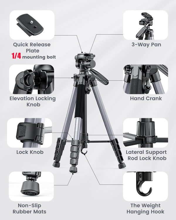 74"-Camera-Tripod, Gray Porfessional Aluminum Tripod Stand for Mirrorless Camera/DSLR/Cell Phone/Camcorder/GoPro, with Phone Holder and Travel Bag (Gunmetal Gray) - Image 6