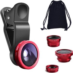 KINGMAS 3 in 1 Universal Fish Eye Lens, Macro Clip Lens Wide-Angle Camera Lens Kit for iPad iPhone Samsung Android and Most Smartphones (Red)