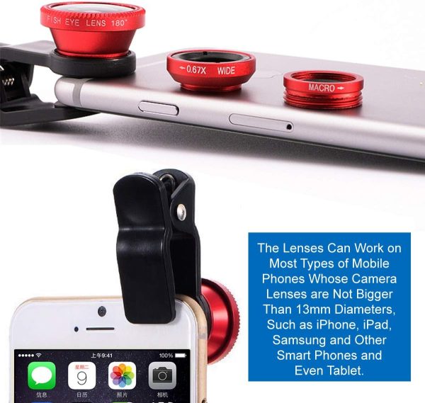 KINGMAS 3 in 1 Universal Fish Eye Lens, Macro Clip Lens Wide-Angle Camera Lens Kit for iPad iPhone Samsung Android and Most Smartphones (Red) - Image 2