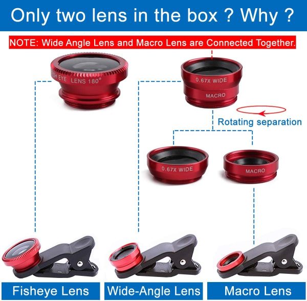 KINGMAS 3 in 1 Universal Fish Eye Lens, Macro Clip Lens Wide-Angle Camera Lens Kit for iPad iPhone Samsung Android and Most Smartphones (Red) - Image 3