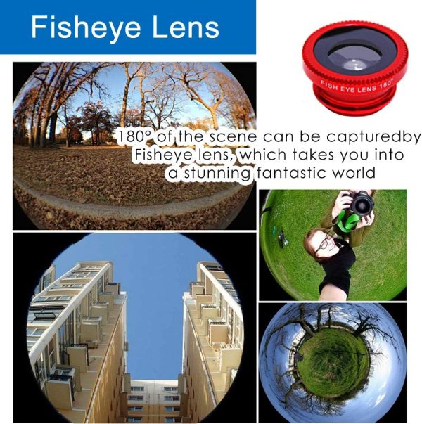 KINGMAS 3 in 1 Universal Fish Eye Lens, Macro Clip Lens Wide-Angle Camera Lens Kit for iPad iPhone Samsung Android and Most Smartphones (Red) - Image 4