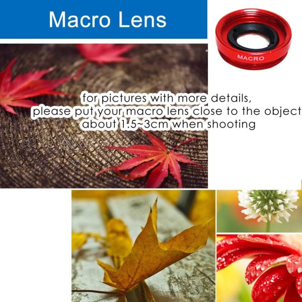 KINGMAS 3 in 1 Universal Fish Eye Lens, Macro Clip Lens Wide-Angle Camera Lens Kit for iPad iPhone Samsung Android and Most Smartphones (Red) - Image 5