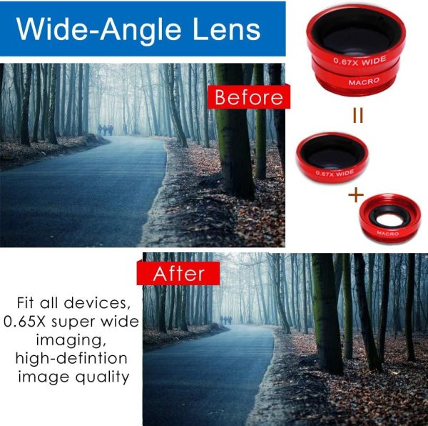 KINGMAS 3 in 1 Universal Fish Eye Lens, Macro Clip Lens Wide-Angle Camera Lens Kit for iPad iPhone Samsung Android and Most Smartphones (Red) - Image 6