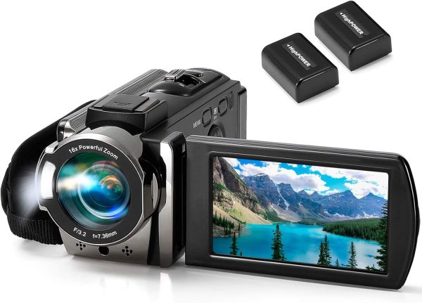 Video Camera Camcorder, QHD 2.7K Camcorder 50MP 16X Digital Video Camera for YouTube, 2.8'' 270 Degree Rotation Screen Video Recorder Vlogging Camera with 32GB Card and Two Batteries